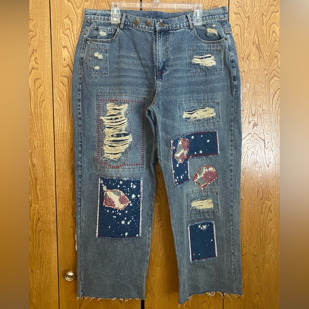 JADED GYPSY Patchwork Distressed Wide Leg Jeans